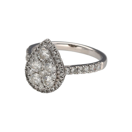 Add exceptional sparkle and timeless elegance to your jewellery collection with this pre-owned 18ct white gold diamond teardrop cluster ring, featuring a stunning statement design with luxurious everyday appeal—perfect for special occasions, engagements, or treasured daily wear.
Design: The ring showcases an impressive teardrop-shaped diamond cluster measuring approximately 13mm high at the front, creating a striking focal point with remarkable brilliance.