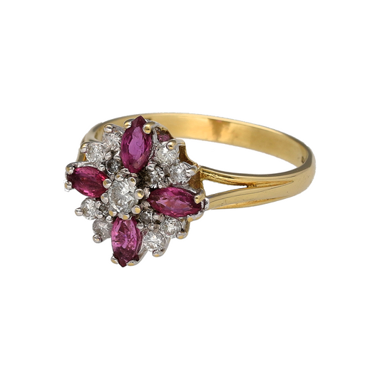 Bring timeless elegance and vibrant colour to your jewellery collection with this pre-owned 18ct yellow gold diamond and ruby flower style cluster ring. Featuring a striking floral-inspired design with sparkling diamonds and rich red rubies, this eye-catching ring is perfect for special occasions or luxurious everyday wear.
Design: The ring showcases an elegant flower style cluster arrangement, combining vivid rubies with brilliant diamonds to create a beautiful floral effect.