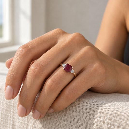 9ct Gold Lab Diamond & Ruby Trilogy Ring