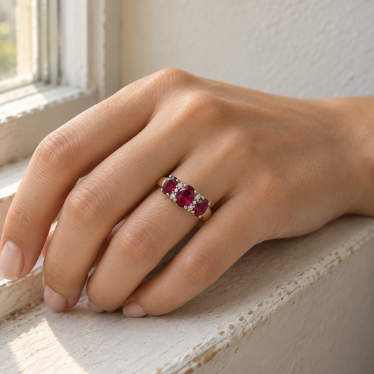 9ct Gold Lab Diamond & Ruby Trilogy Ring