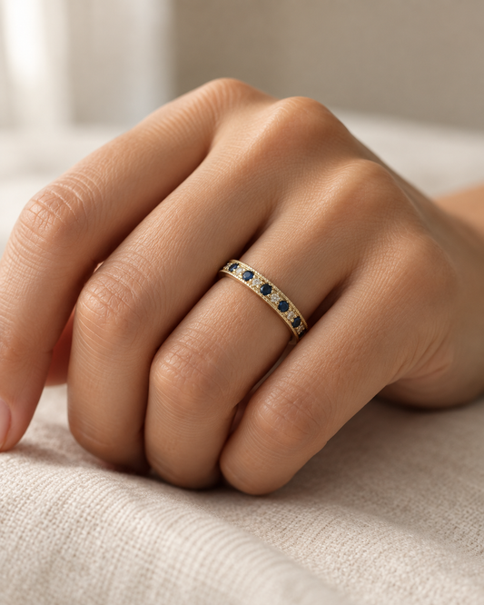 9ct Gold Sapphire & Cubic Zirconia Band Ring