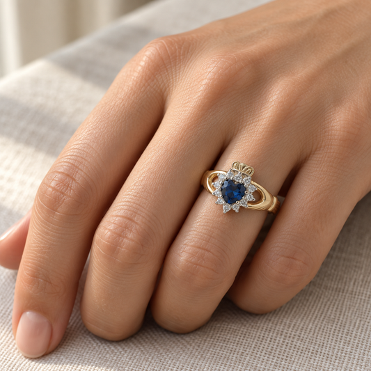 9ct Gold Sapphire & Cubic Zirconia Claddagh Ring