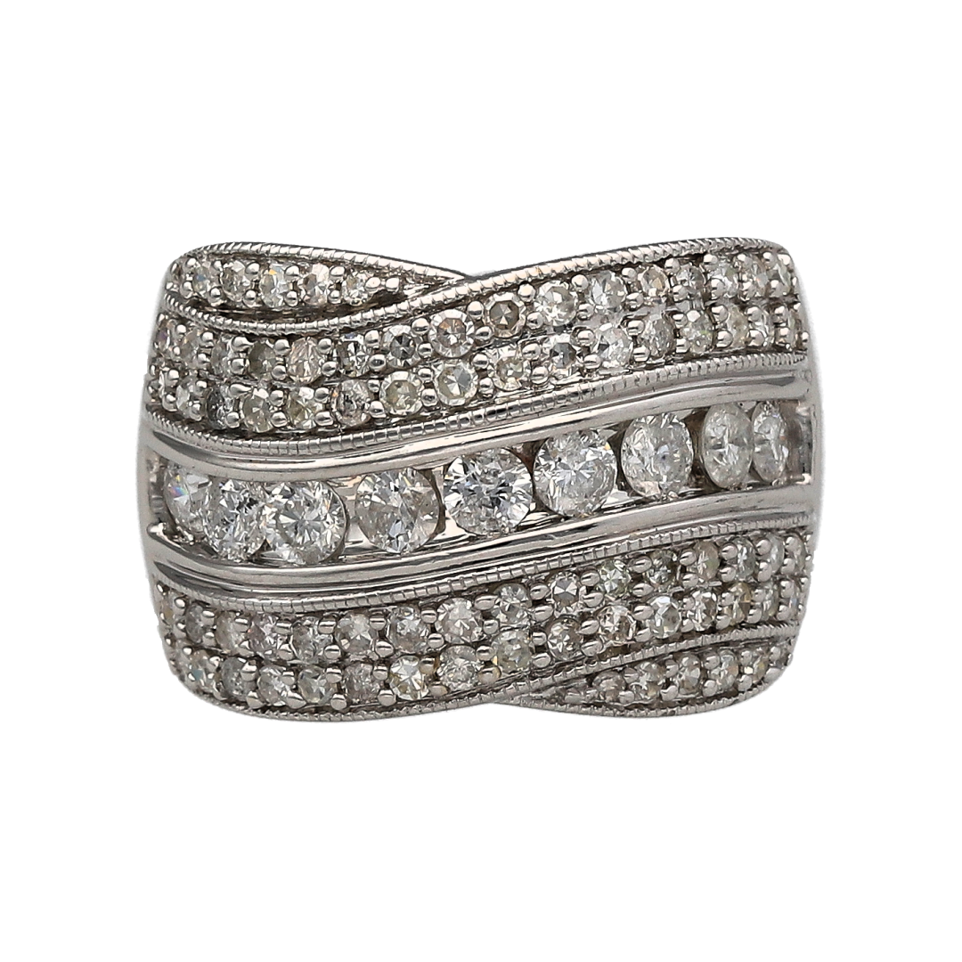 18ct White Gold & Diamond Set Wide Crossover Band Ring