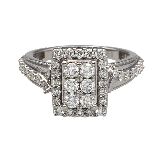 9ct White Gold & Diamond Set Rectangle Halo Cluster Ring