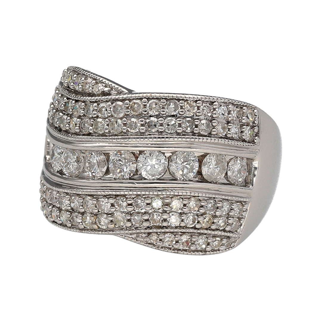 Bring dazzling elegance to your collection with this pre-owned 18ct white gold wide crossover band ring, adorned with brilliant-cut diamonds for a luxurious and contemporary statement.
Design: The ring features a bold 15mm wide crossover band, intricately set with multiple brilliant-cut diamonds that catch the light beautifully.
Material: Made in 18-carat white gold, the polished finish enhances the brilliance of the diamonds and lends a sleek, modern feel.