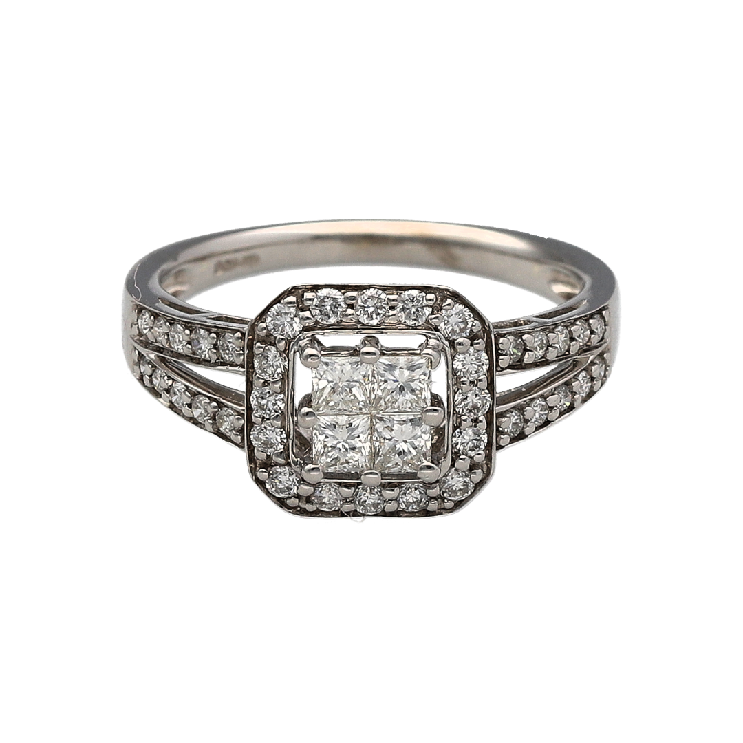 9ct White Gold & Diamond Set Princess Cut Cluster Solitaire Ring