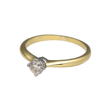 Load image into Gallery viewer, Preowned 18ct Yellow and White Gold &amp; Diamond Set Solitaire Ring in size P with the weight 2.90 grams. The diamond is approximately 28pt and is approximate clarity Si2 - i1 and colour J - K
