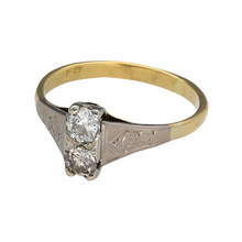 Load image into Gallery viewer, Preowned 18ct Yellow Gold &amp; Platinum Diamond Set Antique Style Ring in size M with the weight 2.80 grams. This ring has an Art Deco style and contains two Diamonds which are approximately 25pt each and are brilliant cut. There is a total of 50pt Diamonds set in this ring and the front of the ring is approximately 8mm high
