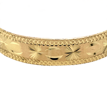 Load image into Gallery viewer, New 9ct Yellow Solid Gold Patterned Baby Bangle with the weight 10.70 grams. The width of the bangle is 9mm and the diameter is 4.5cm
