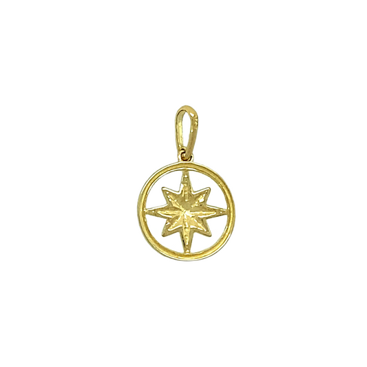 New 9ct Yellow Gold Star Circle Pendant with the weight 0.30 grams. The pendant is 1.7cm long including the bail by 1.1cm
