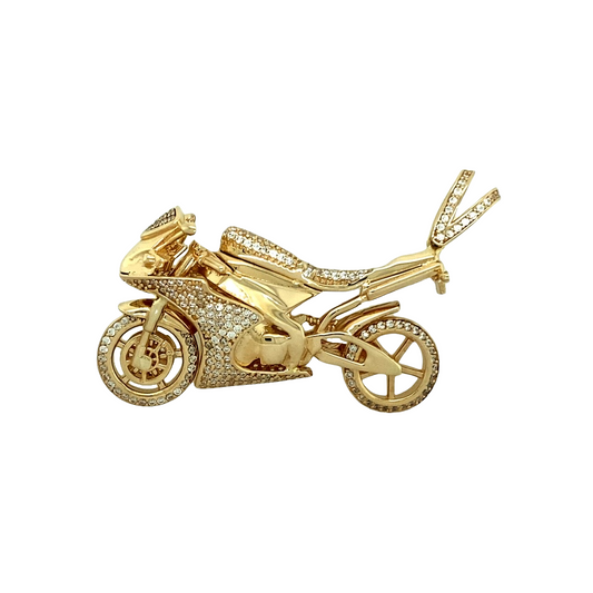 New 9ct Gold & Cubic Zirconia Set Motorbike Pendant 22 grams
