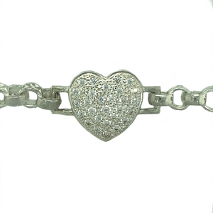 New 925 Silver & Cubic Zirconia Set 6" Heart children's Belcher Bracelet with alternative engraved links. This bracelet has the weight 12.80 grams with the link width 6mm