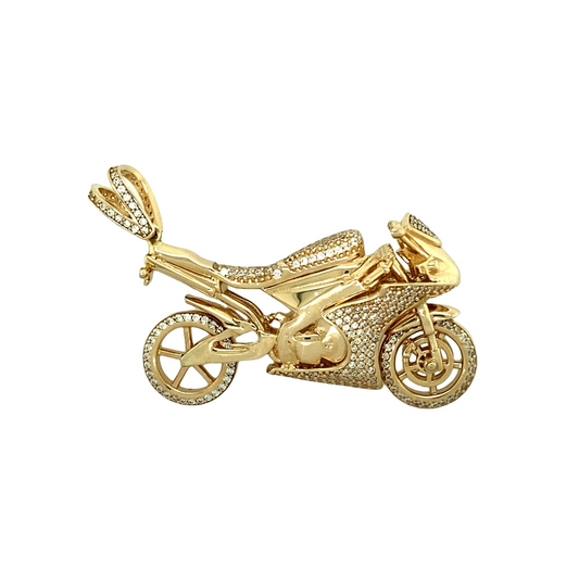 New 9ct Yellow Gold & Cubic Zirconia Set Motorbike Pendant with the weight 22.10 grams. This pendant is approximately 6cm long including the bail