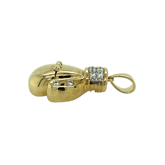 New 9ct Yellow Gold & Cubic Zirconia Set Boxing Glove Pendant which opens. This pendant has the weight 10.40 grams and the height 3.2cm
