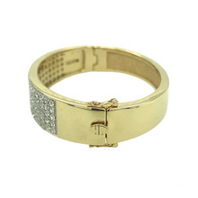Load image into Gallery viewer, New 9ct Yellow Solid Gold stone set Children&#39;s Bangle with the weight 25.40 grams and diameter 5cm at the longest measurement. This bangle has the width 11mm at the front and 7mm at the back
