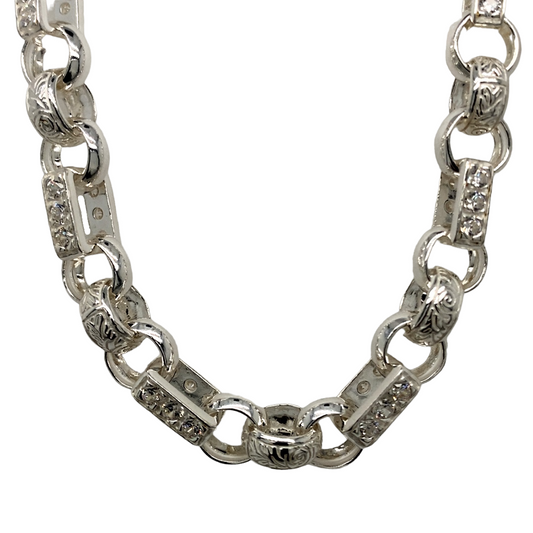 New 925 Silver & Cubic Zirconia 28" Gypsy Link Chain 85 grams