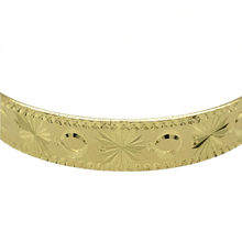 Load image into Gallery viewer, New 9ct Solid Gold Patterned Children&#39;s Bangle with the weight 15.10 grams and the diameter of 5.6cm. The width of the bangle is 9mm high
