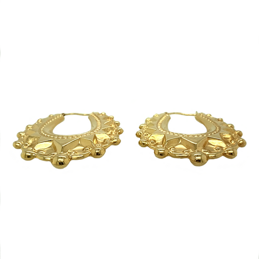 New 9ct Yellow Gold Large Fancy Creole Earrings with the weight 6.10 grams. Each earring is 4cm by 4.5cm