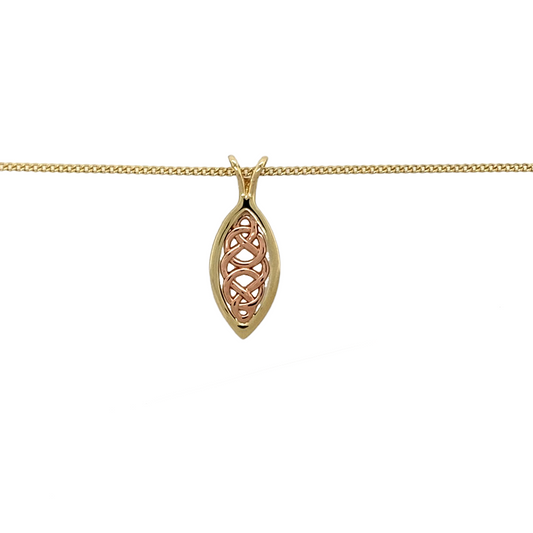Preowned 9ct Yellow and Rose Gold Clogau Celtic Knot Pendant on an 18" 9ct Gold Clogau Chain. The necklace has the weight 4 grams and the pendant is 2.6cm long including the bail
