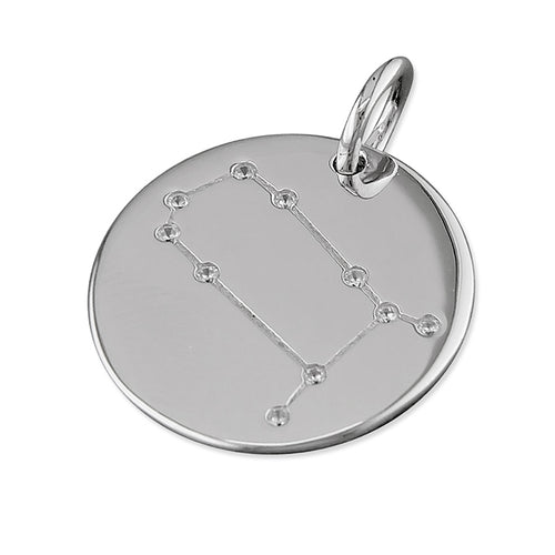 New 925 Silver & Cubic Zirconia Gemini Constellation Pendant with the weight 3 grams and the diameter 19mm. The pendant has the constellation on one side and is plain on the other