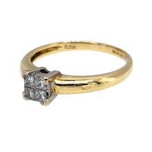 Load image into Gallery viewer, Preowned 18ct Yellow and White Gold &amp; Diamond Princess Cut Illusion Set Solitaire Ring in size L with the weight 2.30 grams. There is approximately 20pt of Diamond content set in the ring
