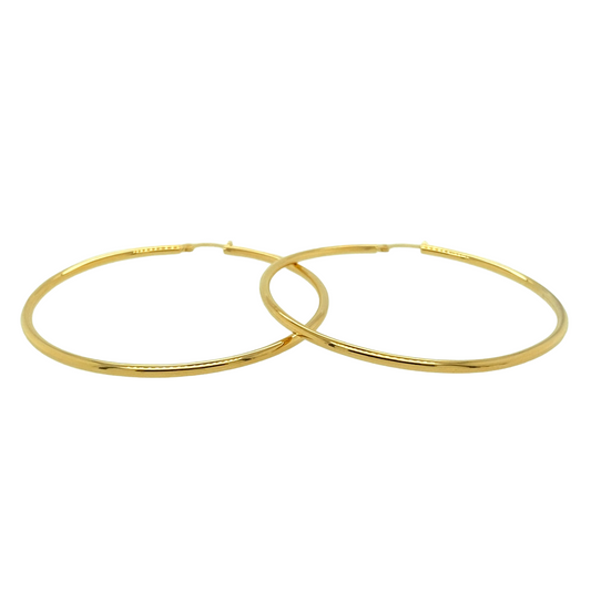 New 9ct Yellow Gold Plain Hoop Creole Earrings with the weight 4 grams and diameter 53mm going from the outside of the earring