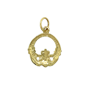 New 9ct Yellow Gold Circle Claddagh Pendant with the weight 1.20 grams. The pendant is 2.4cm long including the bail by 1.6cm