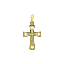 Load image into Gallery viewer, New 9ct Yellow and White Gold Small Two Colour Patterned Cross Pendant with the weight 0.50 grams. The pendant is 2.2cm long including the bail by 1.2cm
