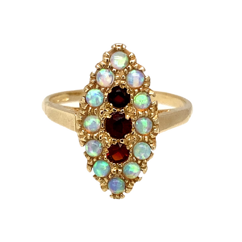 New 9ct Gold & Created Opal & Red Stones Set Marquise Ring