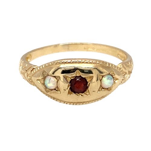 New 9ct Gold & Created Opal & Red Stone Set Ring