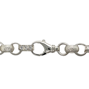 New 925 Silver & Cubic Zirconia set 28" Gypsy Link Chain with the weight 85 grams and link width 9mm. The belcher links are alternating in plain and engraved with a Celtic style pattern. The bar links are set with six cubic zirconia stones each