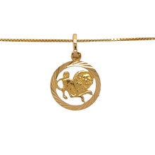 Load image into Gallery viewer, Preowned 18ct Yellow Gold Lion Leo Starsign Circle Pendant on a 20&quot; box chain with the weight 5.20 grams. The pendant is 2.5cm long including the bail
