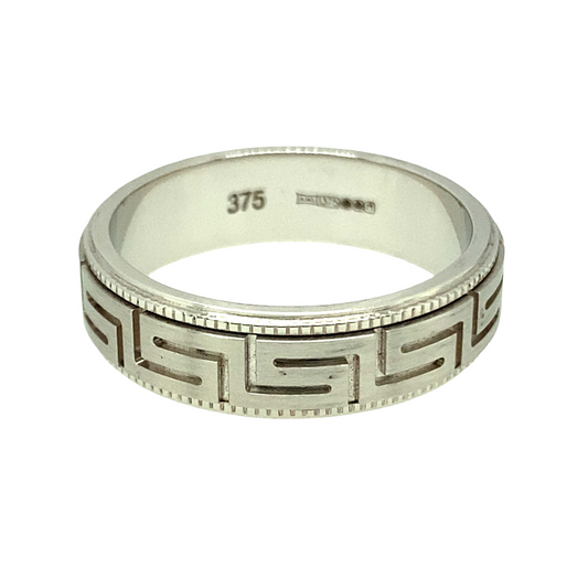 New 9ct White Gold 6mm Greek Key Patterned Band Ring in size T with the weight 6.10 grams. The greek key patterned band moves independently from the surrounding in a spinning movement