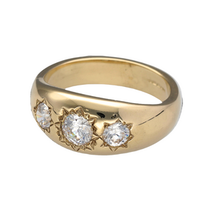 New 9ct Yellow Gold & three stone Cubic Zirconia Signet Ring in size Y with the weight 12.60 grams. The center cubic zirconia stone is 5.5mm diameter and the side stones are each 4.5mm diameter. The front of the ring is 12mm high