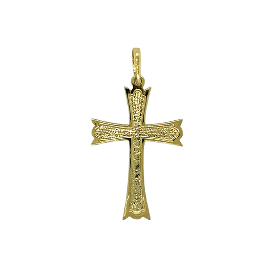 New 9ct Yellow Gold Patterned Cross Pendant with the weight 2 grams. The pendant is 3.7cm long including the bail by 2cm