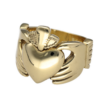 Load image into Gallery viewer, New 9ct Solid Gold Claddagh Ring in size W with the approximate weight 19.50 grams. The front of the ring is 20mm high and the band tapers down to 5mm at the back
