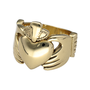 New 9ct Solid Gold Claddagh Ring in size W with the approximate weight 19.50 grams. The front of the ring is 20mm high and the band tapers down to 5mm at the back
