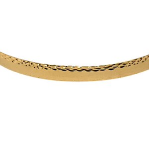 New 9ct Yellow Solid Gold Patterned Bangle with the weight 8 grams and diameter 6.8cm. The bangle band is 5mm wide and has a mill grain style pattern on the sides of the bangle