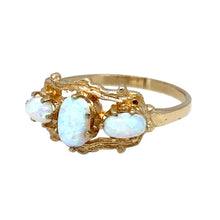 Load image into Gallery viewer, New 9ct Yellow Gold &amp; Created Opal Trilogy Ring in size N to O with the weight 1.80 grams. The center stone is 6mm by 4mm
