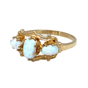New 9ct Yellow Gold & Created Opal Trilogy Ring in size N to O with the weight 1.80 grams. The center stone is 6mm by 4mm