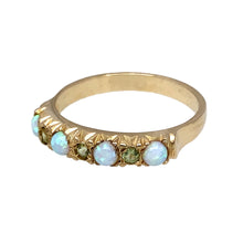 Load image into Gallery viewer, New 9ct Yellow Gold &amp; Created Opal &amp; Green Stone Band Ring in various sizes with the weight 2.10 grams. The band is approximately 4mm wide at the front and the created opal stones are 3mm diameter each
