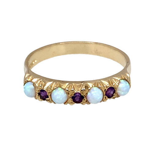 New 9ct Gold & Created Opal & Purple Stone Band Ring