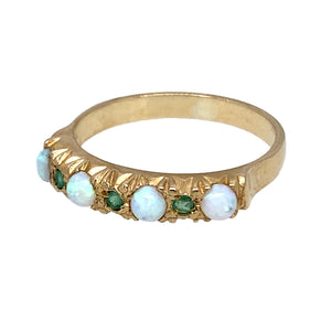 New 9ct Yellow Gold & Created Opal & Green Stone Band Ring in various sizes with the weight 2.20 grams. The band is approximately 4mm wide at the front and the created opal stones are 3mm diameter each