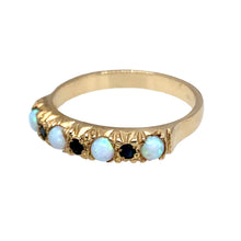 Load image into Gallery viewer, New 9ct Yellow Gold &amp; Created Opal &amp; Navy Stone Band Ring in size O with the weight 2.20 grams. The band is approximately 4mm wide and the created opal stones are 3mm diameter each
