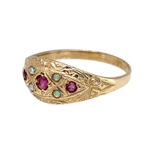 Load image into Gallery viewer, New 9ct Yellow Gold &amp; Created Opal &amp; Pink Stone Ring in size N with the weight 1.70 grams. The front of the ring is 8mm high and the center stone is 2mm diameter
