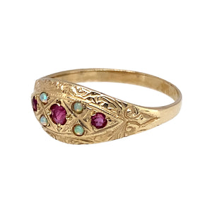 New 9ct Yellow Gold & Created Opal & Pink Stone Ring in size N with the weight 1.70 grams. The front of the ring is 8mm high and the center stone is 2mm diameter