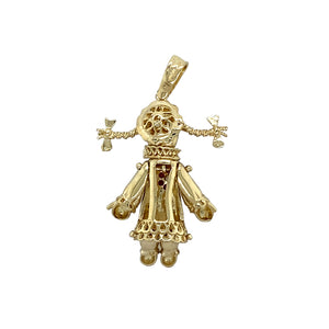 New 9ct Yellow Gold Rag Doll Pendant set with cubic zirconia stones for eyes and dark pink stones to make a flower. The pendant is 4.3cm long including the bail by 2.1cm. The weight of the pendant is 5.60 grams. The hair, legs, arms and head all move slightly on the pendant
