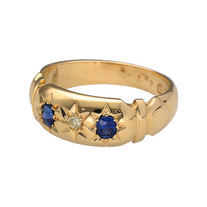 Preowned 18ct Yellow Gold Diamond & Sapphire Antique Chester Hallmarked Ring in size N with the weight 3.80 grams. The ring is from approximately 1912 - 1913. The sapphire stones are each approximately 3mm by 2.5mm and the front of the band is 7mm wide