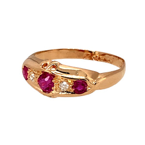 Preowned 18ct Yellow Gold Diamond & Ruby Set Chester Hallmarked Ring in size O with the weight 2.50 grams. The center ruby stone is 4mm diameter and the side stones are each 3mm diameter. The ring is from approximately 1918 - 1919