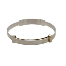 Load image into Gallery viewer, A New Silver Diamond Cut Kiss Identity Expander Bangle with the weight 4.50 grams. The bangle is approximately 6.5mm wide and the rest of the bangle is 4mm wide. The bangle diameter is 4.1cm when closed and 5.1cm when fully expanded
